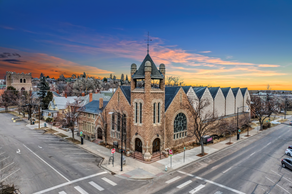 Drone photo of the exterior of First Church