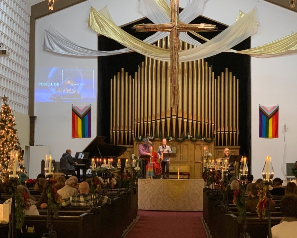 View of jazz band playing on the chancel.