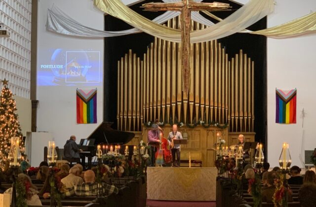 View of jazz band playing on the chancel.