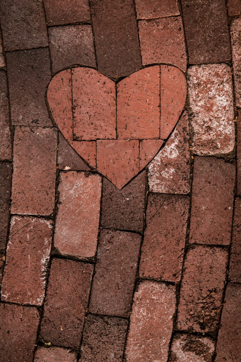 Brick path with bricks laid in shape of a heart within it.