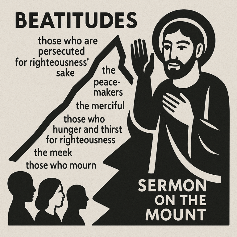 Linocut image of Jesus giving the Sermon on the Mount with text from the Beatitudes