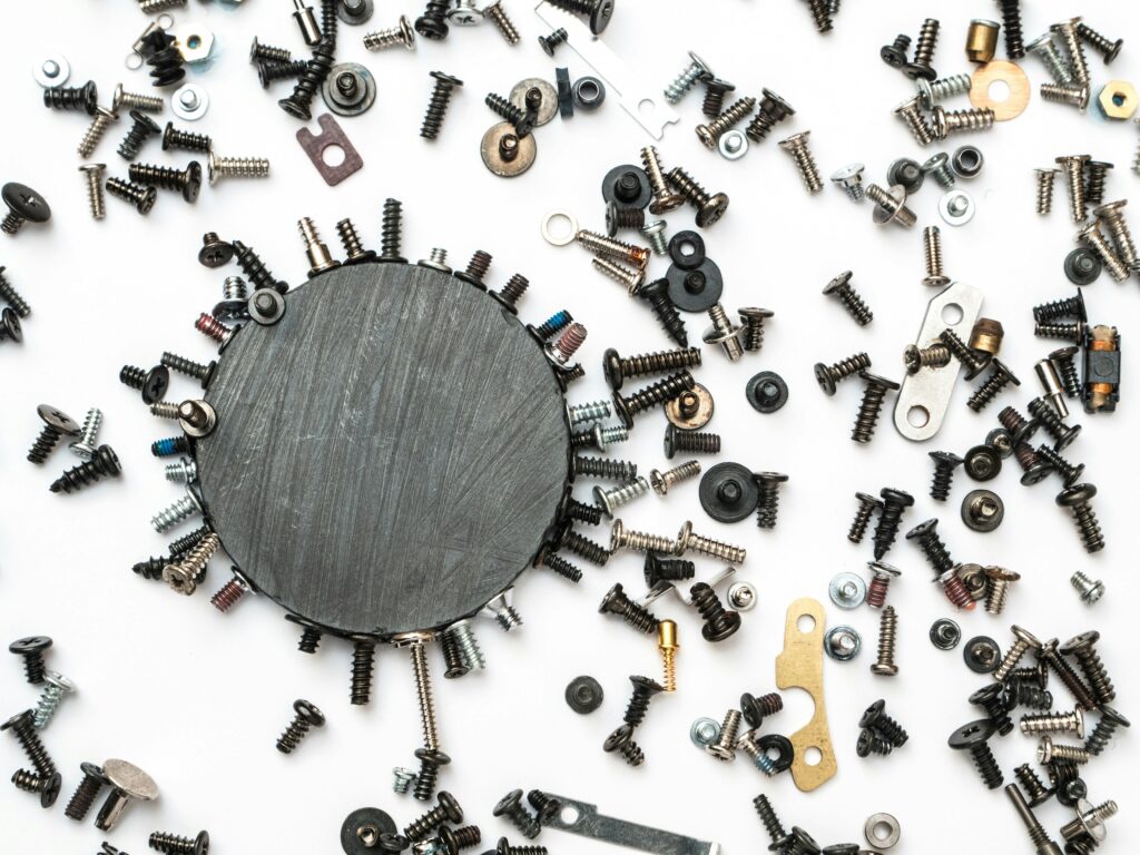 Flat lay of nuts, bolts, screws, etc.
