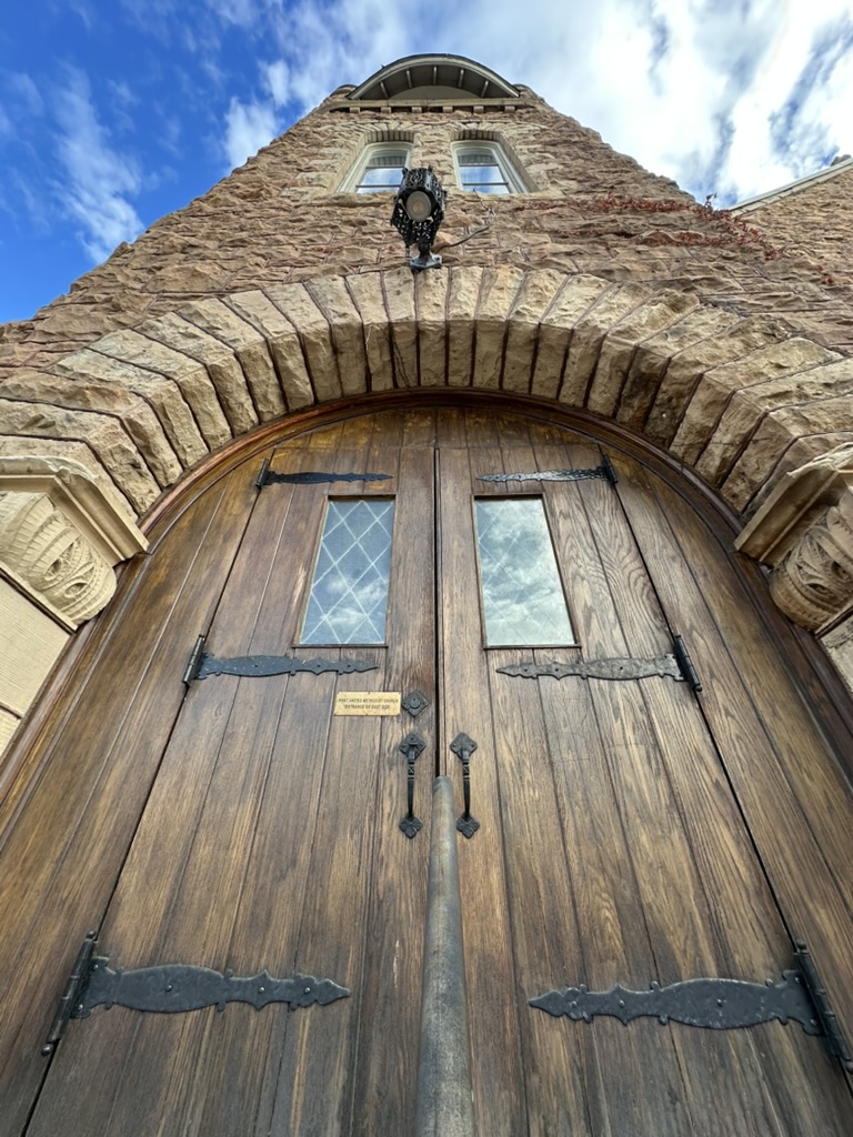 Image of historic wooden doors at First Church
